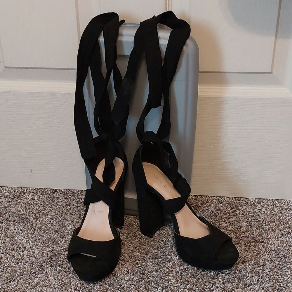 Wild Diva Lounge Black Block Heels Gladiator Lace Up Peep Toe Platform Sandals